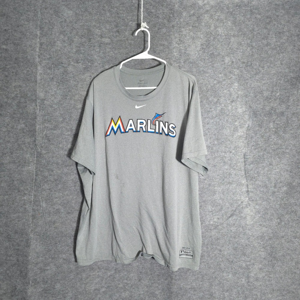 Nike Miami Marlins Mens XXL‎ Gray MLB Dri-FIT Authentic Performance T-Shirt Logo
